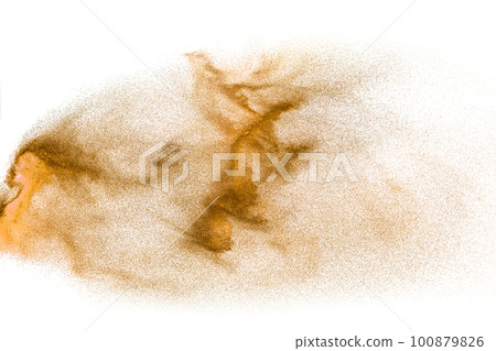 Brown sand explosion isolated on white background. Abstract sand cloud backdrop. Brown sand explosion isolated on white background. Abstract sand cloud backdrop. 100879826