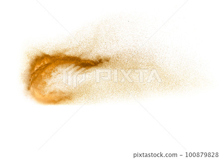 Brown sand explosion isolated on white background. Abstract sand cloud backdrop. Brown sand explosion isolated on white background. Abstract sand cloud backdrop. 100879828