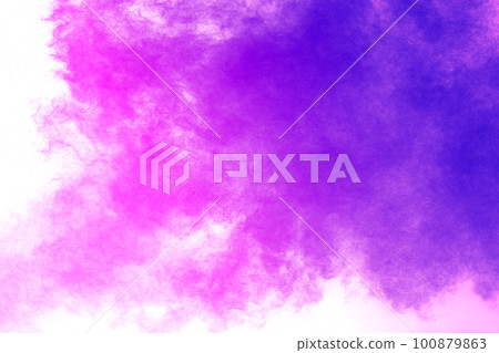 Pink purple dust particles explosion on white background.Freeze motion of pink purple powder splash. Pink purple dust particles explosion on white background.Freeze motion of pink purple powder splash. 100879863