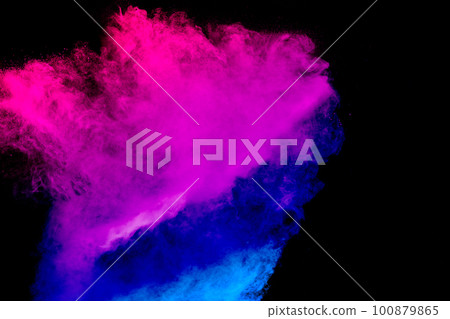 Launched blue pink dust particles splashing.Bizarre forms of blue pink powder explosion cloud on white background. Launched blue pink dust particles splashing.Bizarre forms of blue pink powder explosion cloud on white background. 100879865