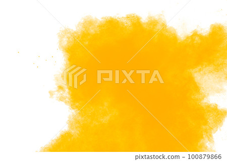 Abstract yellow powder explosion black on background. Yellow dust particle splashing. Abstract yellow powder explosion black on background. Yellow dust particle splashing. 100879866