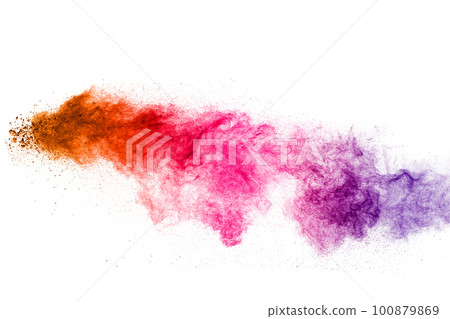 Multi colour powder explosion on white background. Launched colourful dust particles splashing. 100879869