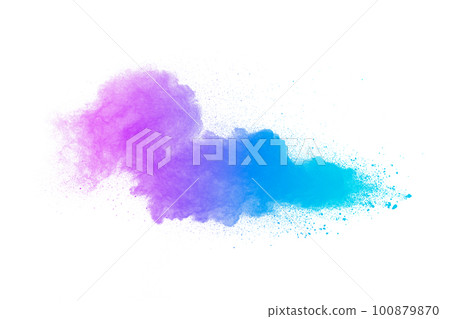 Multi colour powder explosion on white background. Launched colourful dust particles splashing. Multi colour powder explosion on white background. Launched colourful dust particles splashing. 100879870