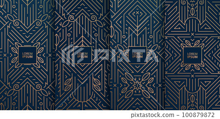 Vector set of line design in trendy vintage style, abstract art deco geometric frames, luxury package templates with leaves. Use for wedding invitation, chocolate, wine, cover, card, print, poster 100879872