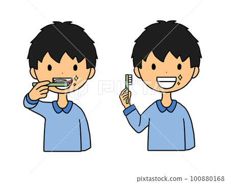 Illustration of a Japanese man brushing his teeth 100880168