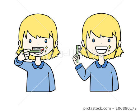 一名白人婦女刷牙的插圖 一名白人婦女刷牙的插圖 100880172