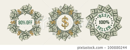 Set of circular money frames with folded US dollar bills, gold dollar sign, copy space. Logo, emblem, badge for advertisement, sale, offer, discount, winner award, congratulations 100880244