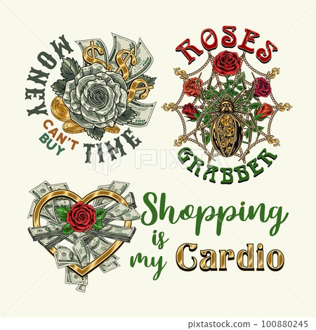 Set of colorful money vintage labels with text. Fantasy, creative, meaningful, fancy concept of illustrations. White background. For prints, clothing, apparel, t shirt, surface design 100880245
