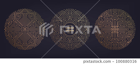 Vector set of art deco frames, adges, abstract geometric design templates for luxury products. Linear ornament compositions, vintage. Use for packaging, branding, decoration, etc. Golden circles Vector set of art deco frames, adges, abstract geometric design templates for luxury products. Linear ornament compositions, vintage. Use for packaging, branding, decoration, etc. Golden circles 100880316