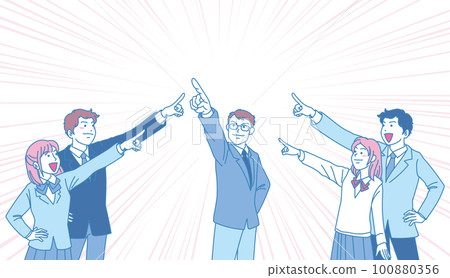 瞄準_指向_學生_尖銳的表情_粉色藍色_5人瞄準一個地方_背景中的濃度線 100880356