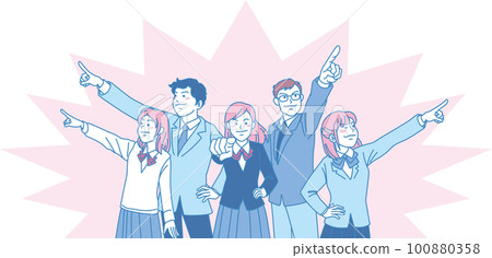 瞄準_指向_學生_尖銳的表情_粉色藍色_瞄準5個人中的每一個_有背景色 100880358