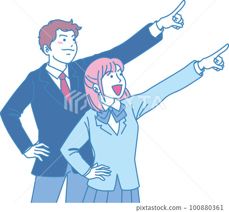 Aiming _ pointing _ student _ sharp expression _ pink blue _ 2 people aiming for the upper right Aiming _ pointing _ student _ sharp expression _ pink blue _ 2 people aiming for the upper right 100880361