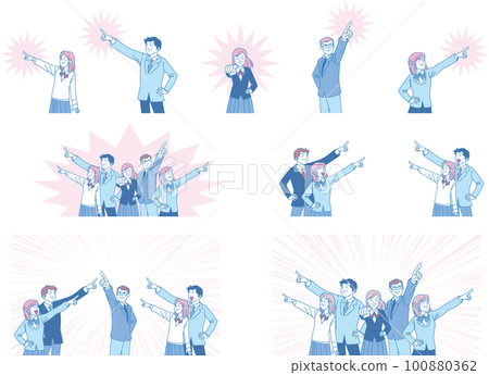 Aiming _ pointing _ student _ sharp expression _ pink blue _ background color set Aiming _ pointing _ student _ sharp expression _ pink blue _ background color set 100880362