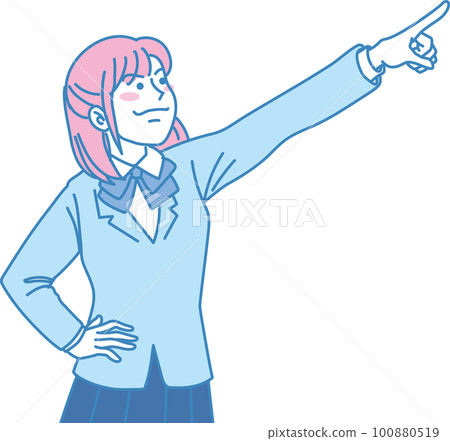 瞄準_指點_學生_尖銳表情_粉藍_女學生指點右上 100880519