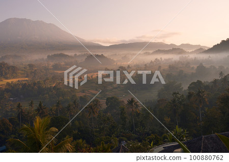 Morning Sunrise View of Sidemen and Agung Volcano in Bali 100880762