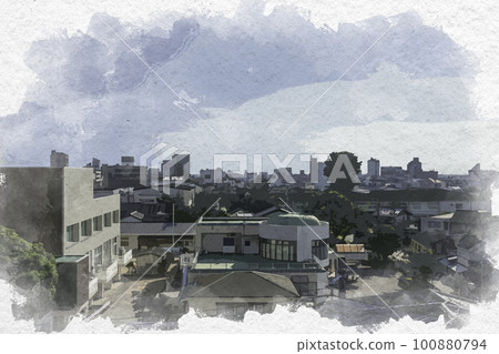 水彩畫風格的松坂 從松坂城跡望向松坂站 三重縣松坂市 100880794