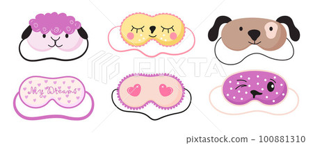 Cute masks for dreaming set vector. Rest relax accessories for night collection. Sleepy mask with eyes, animals face and smiles. 100881310