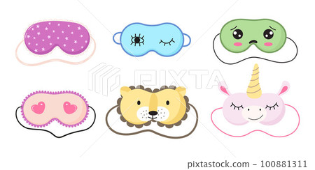 Cute masks for dreaming set vector. Rest relax accessories for night collection. Sleepy mask with eyes, animals face and smiles. 100881311