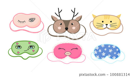 Cute masks for dreaming set vector. Rest relax accessories for night collection. Sleepy mask with eyes, animals face and smiles. Cute masks for dreaming set vector. Rest relax accessories for night collection. Sleepy mask with eyes, animals face and smiles. 100881314