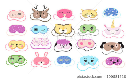 Cute masks for dreaming set vector. Rest relax accessories for night collection. Sleepy mask with eyes, animals face and smiles. 100881318