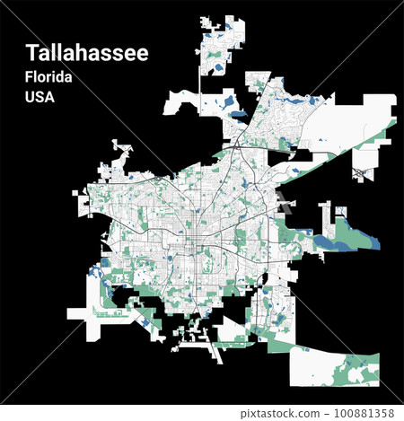 Tallahassee map, capital city of the USA state of Florida. Municipal administrative area map with rivers and roads, parks and railways. Tallahassee map, capital city of the USA state of Florida. Municipal administrative area map with rivers and roads, parks and railways. 100881358