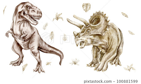 Watercolor hand drawn  illustration of dinosaurs on a white background. Perfect for nursery poster decoration, wedding invitation, greetings card, party decor. Hand painted dino. For children funny.  100881599