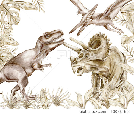 Watercolor hand drawn  illustration of dinosaurs on a white background. Perfect for nursery poster decoration, wedding invitation, greetings card, party decor. Hand painted dino. For children funny.  100881603