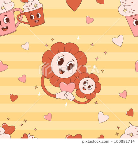 Retro seamless pattern with cartoon characters dessert cups and Groovy Daisy Flower on yellow background with hearts. Vector Illustration for wallpaper, design, textile, packaging, decor. Retro seamless pattern with cartoon characters dessert cups and Groovy Daisy Flower on yellow background with hearts. Vector Illustration for wallpaper, design, textile, packaging, decor. 100881714