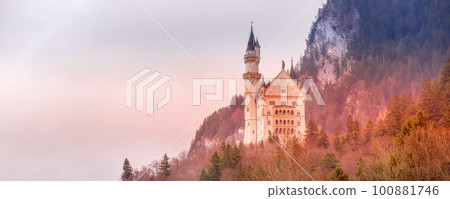 Neuschwanstein Castle sunset banner, Germany 100881746