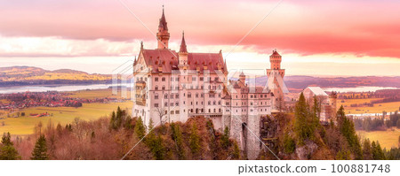 Neuschwanstein Castle sunset banner, Germany 100881748