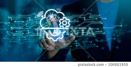 Businessman touching digital icon on virtual screen, chatbot intelligence Ai. Chat GPT Chat with AI Artificial Intelligence. banner design Businessman touching digital icon on virtual screen, chatbot intelligence Ai. Chat GPT Chat with AI Artificial Intelligence. banner design 100881938