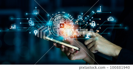 Businesswoman using chatbot in tablet intelligence Ai.Chat GPT Chat with AI Artificial Intelligence, developed by OpenAI generate. Futuristic technology concept.. Businesswoman using chatbot in tablet intelligence Ai.Chat GPT Chat with AI Artificial Intelligence, developed by OpenAI generate. Futuristic technology concept.. 100881940