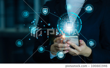 Digital Artificial intelligence AI machine learning Business Technology Internet Network Concept. Businesswoman using smartphone connecting ai. 100881946
