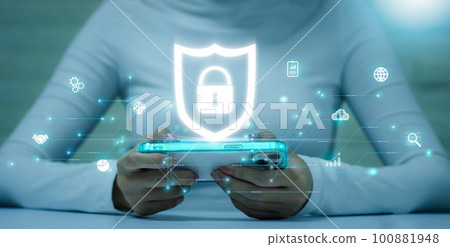 Technology and business. woman using smartphone to connecting and privacy locked blurred background. 100881948