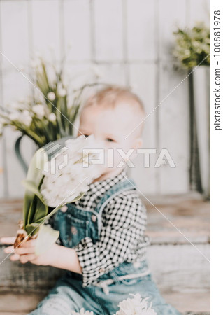 Girl 1 year old. sits holding a white hyacinth with a bulb in her hands, she is dressed in a plaid shirt and denim overalls on a wooden background with green plants in pots. 100881978