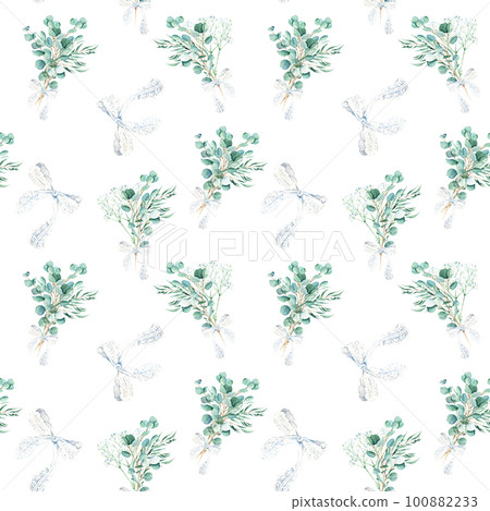 Seamless watercolor pattern with eucalyptus and gypsophila bouquets, white lace bows. Can be used for wedding prints, gift wrapping paper, kitchen textile and fabric prints. Seamless watercolor pattern with eucalyptus and gypsophila bouquets, white lace bows. Can be used for wedding prints, gift wrapping paper, kitchen textile and fabric prints. 100882233