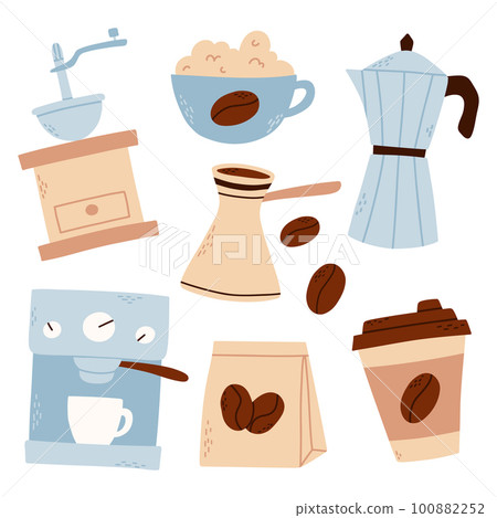 Coffee set in flat style. Hand drawn collection of elements for making coffee. vector illustration. coffee break. . Coffee set in flat style. Hand drawn collection of elements for making coffee. vector illustration. coffee break. . 100882252