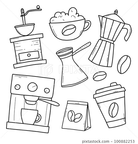 Set of coffee in doodle style. Linear collection of elements for making coffee. Vector illustration. Coffee time. Coffee grinder, maker, machine, beans,cup. Set of coffee in doodle style. Linear collection of elements for making coffee. Vector illustration. Coffee time. Coffee grinder, maker, machine, beans,cup. 100882253