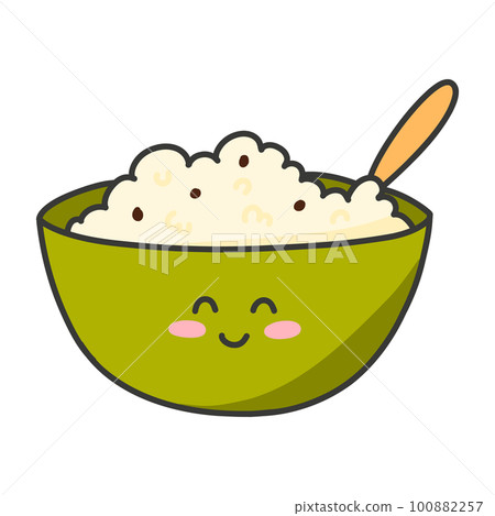 A plate of porridge in kawaii style. Vector illustration. Breakfast in cartoon style. Muesli character with a smile. A plate of porridge in kawaii style. Vector illustration. Breakfast in cartoon style. Muesli character with a smile. 100882257