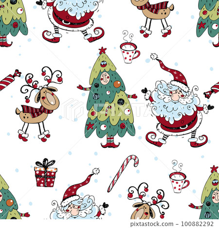 Christmas seamless pattern with Santa Claus, snowman and Christmas tree. Doodle style. Vector. Christmas seamless pattern with Santa Claus, snowman and Christmas tree. Doodle style. Vector. 100882292