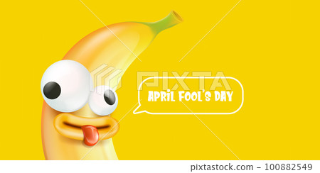 April Fools day funky horizontal banner with silly orange banana character isolated on yellow background. 1 st april fool day banner, poster, label, flyer and greeting card April Fools day funky horizontal banner with silly orange banana character isolated on yellow background. 1 st april fool day banner, poster, label, flyer and greeting card 100882549