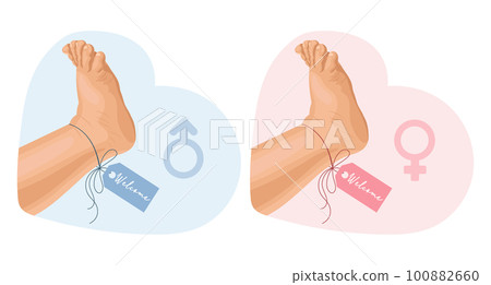 Girl and boy feet with pink and blue tag Welcome. Icon set, newborn illustration. Pastel colors, vector Girl and boy feet with pink and blue tag Welcome. Icon set, newborn illustration. Pastel colors, vector 100882660