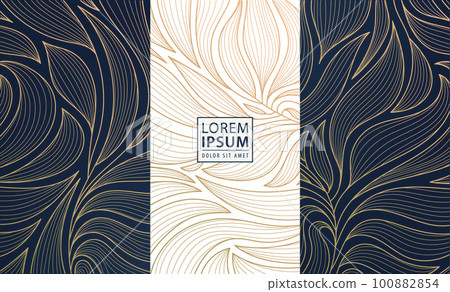 Set of vector design elements, labels, frames, wedding invitations, social net stories, packaging, luxury products, perfume, soap, wine. Line golden backgrounds, floral patterns with leaves. 100882854