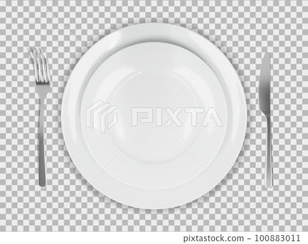 Two white round empty plates top view with fork and knife 100883011