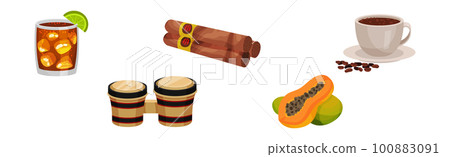 Cuba Symbols with Alcohol Drink, Cigar, Coffee, Drum and Papaya Fruit Vector Set Cuba Symbols with Alcohol Drink, Cigar, Coffee, Drum and Papaya Fruit Vector Set 100883091