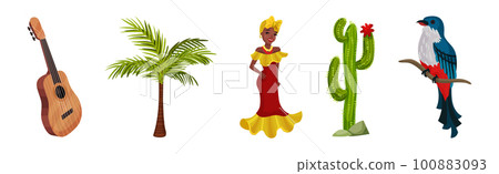 Cuba Symbols with Guitar, Palm Tree, Woman in National Dress, Cactus and Trogon Bird Vector Set Cuba Symbols with Guitar, Palm Tree, Woman in National Dress, Cactus and Trogon Bird Vector Set 100883093