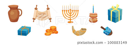 Scroll, Menorah, Pastry, Gift Box, Horn, Coins and Dreidel as Hanukkah Symbols for Jewish Holiday Celebration Vector Set 100883149