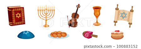 Menorah, Torah, Goblet, Scroll, Pastry and Dreidel as Hanukkah Symbols for Jewish Holiday Celebration Vector Set Menorah, Torah, Goblet, Scroll, Pastry and Dreidel as Hanukkah Symbols for Jewish Holiday Celebration Vector Set 100883152