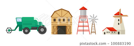 Farm Object with Machinery, Barn, Water Tower and Windmill Vector Set 100883190