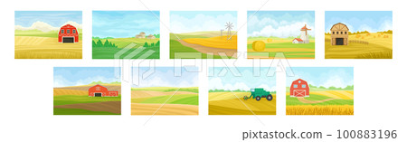 Country View with Sown Field, Barn House and Pasture Land as Green Landscape Vector Set 100883196